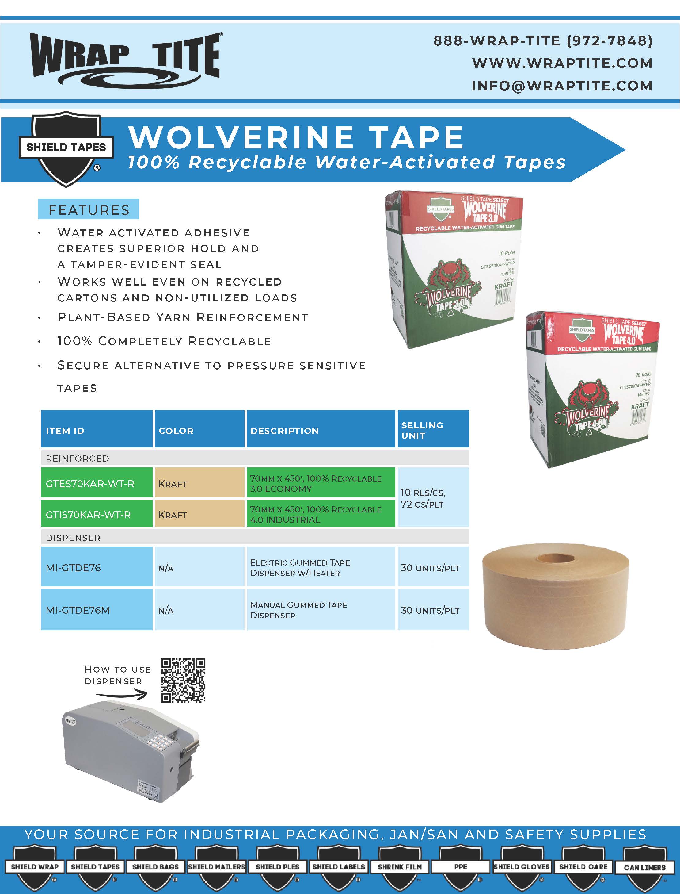Recyclable Wolverine Water-Activated Tape Sales Sheet